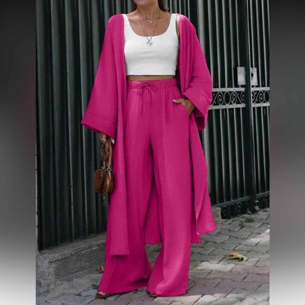 Elegant Hot Pink Women's Pants & Kimono Set